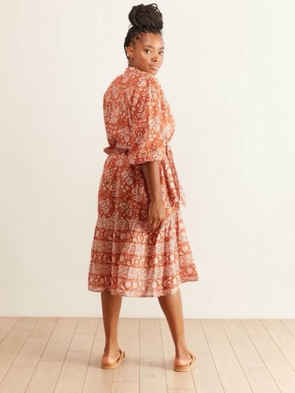 Cleobella Sara Floral Belted Midi Dress Size Large Orange Terracotta Boho - Picture 2 of 7